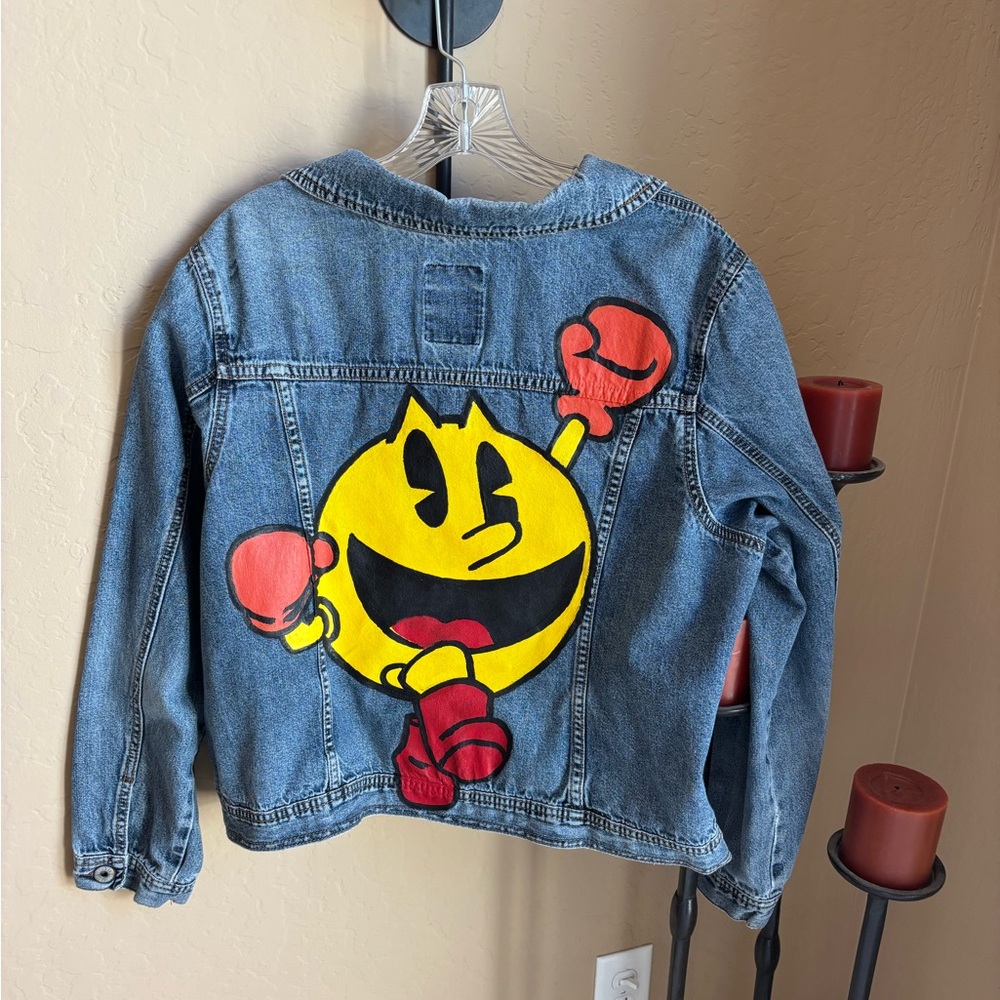Hand-Painted Yellow Pac-Man Denim Jacket